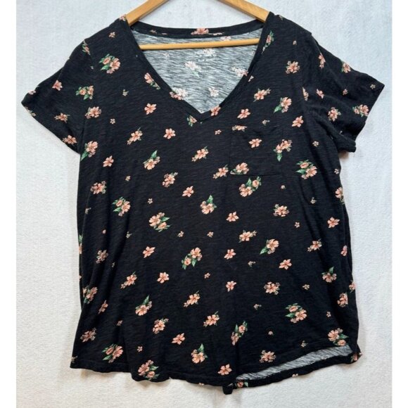 Torrid Heritage V-Neck Pocket Tee Slub Jersey Black Pink Floral Womens Size 1 1X - Picture 3 of 9